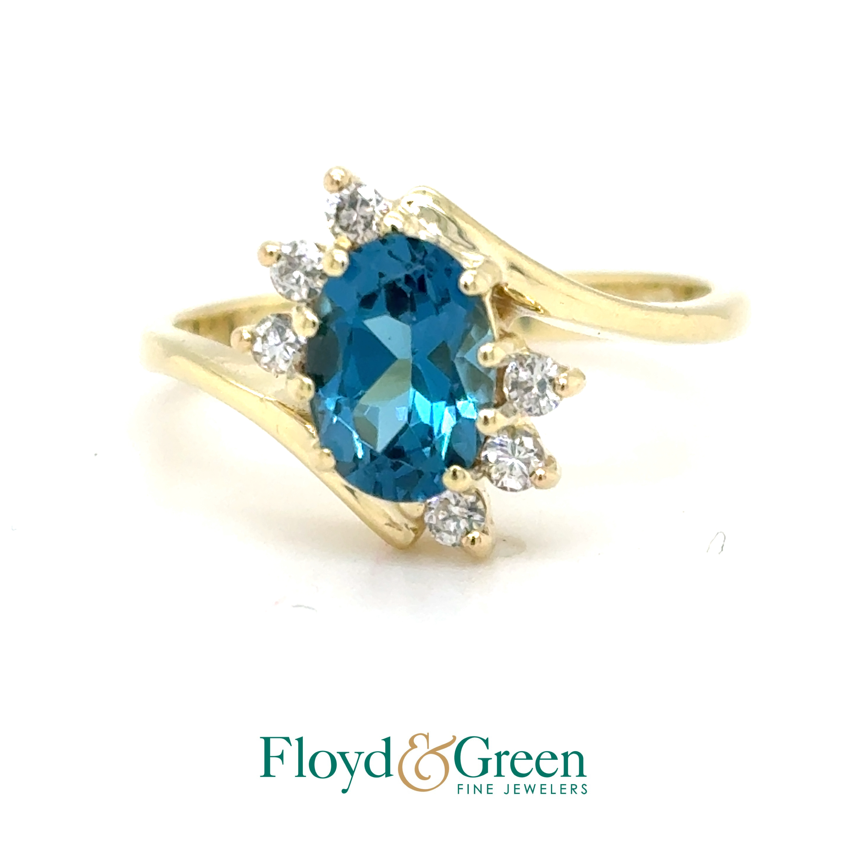 14KY Diamond & London Blue Topaz Ring, 6 Rd Dia, 0.10ct, SI1-SI2, 1 Oval Top, 0.90ct, Size 4.5, 2.7g