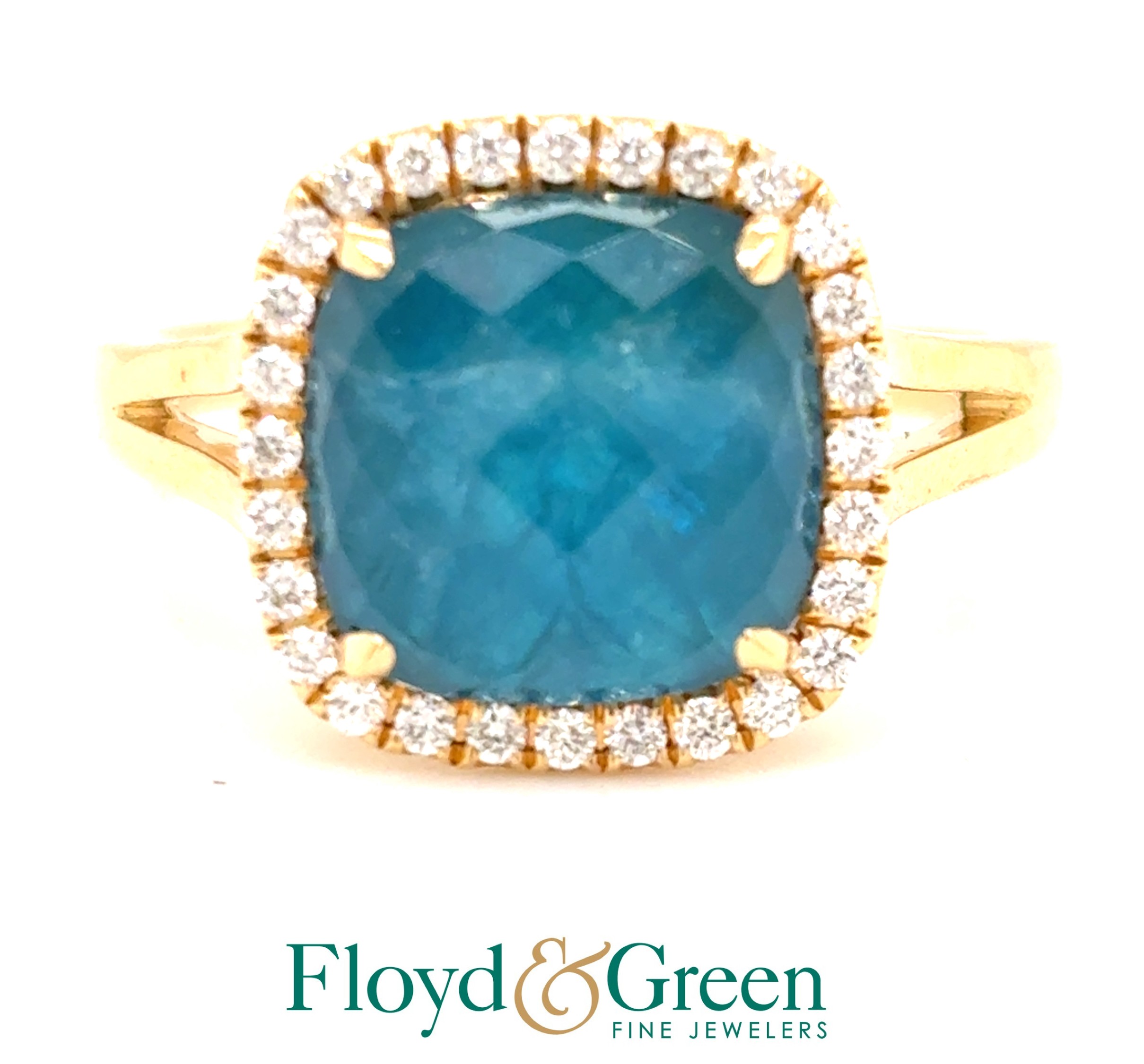 18KY Quartz & Diamond Ring, Square Greenish Blue Quartz, 3.04ct, 28 Round Diamonds, 0.22ct, H VS2, Size 6.25
