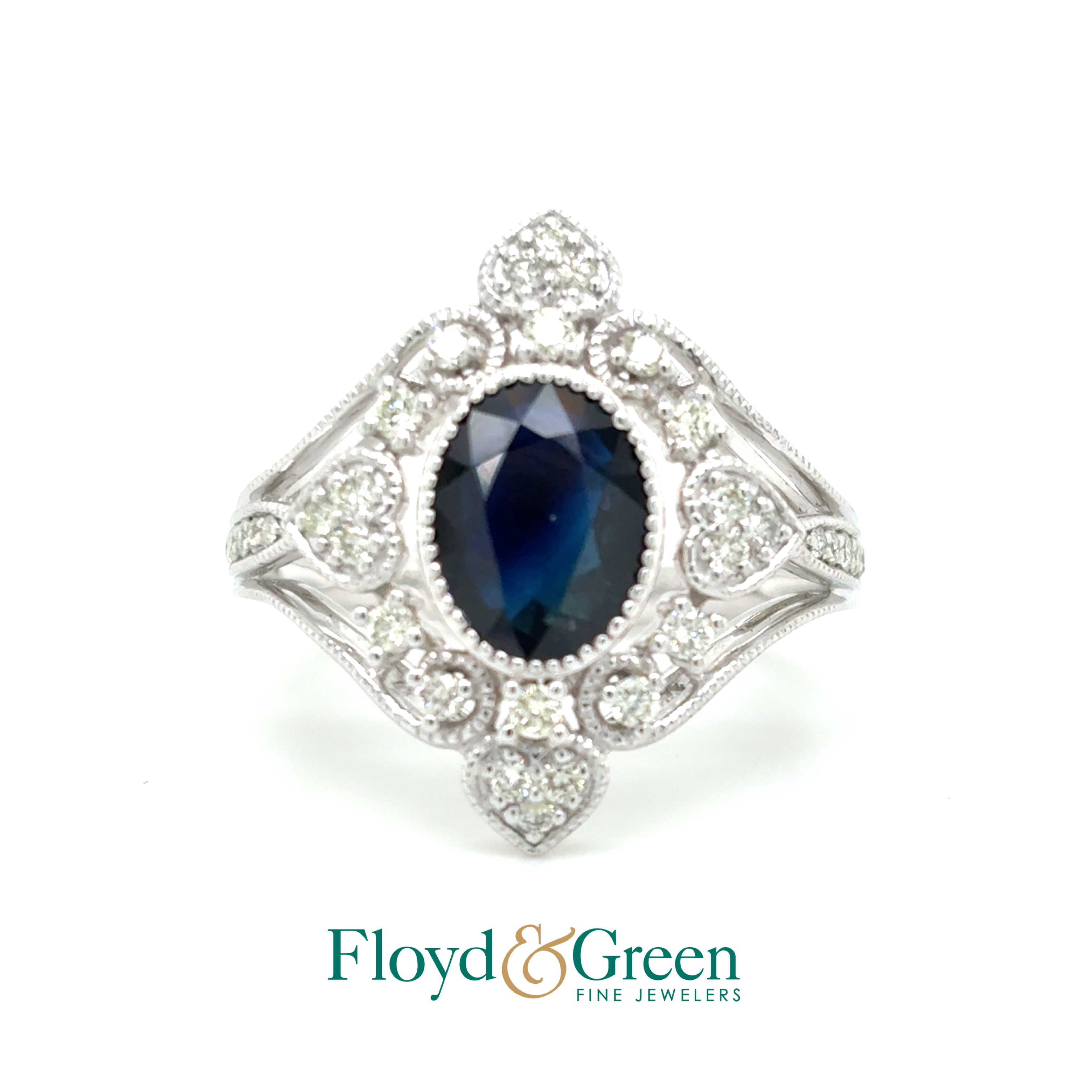 Vintage Platinum & 18kw Diamond & Sapphire Ring, 1 Oval Sapphire, 1.62ct, 37 Round Diamonds, 0.46ct, G VS2, Size 7