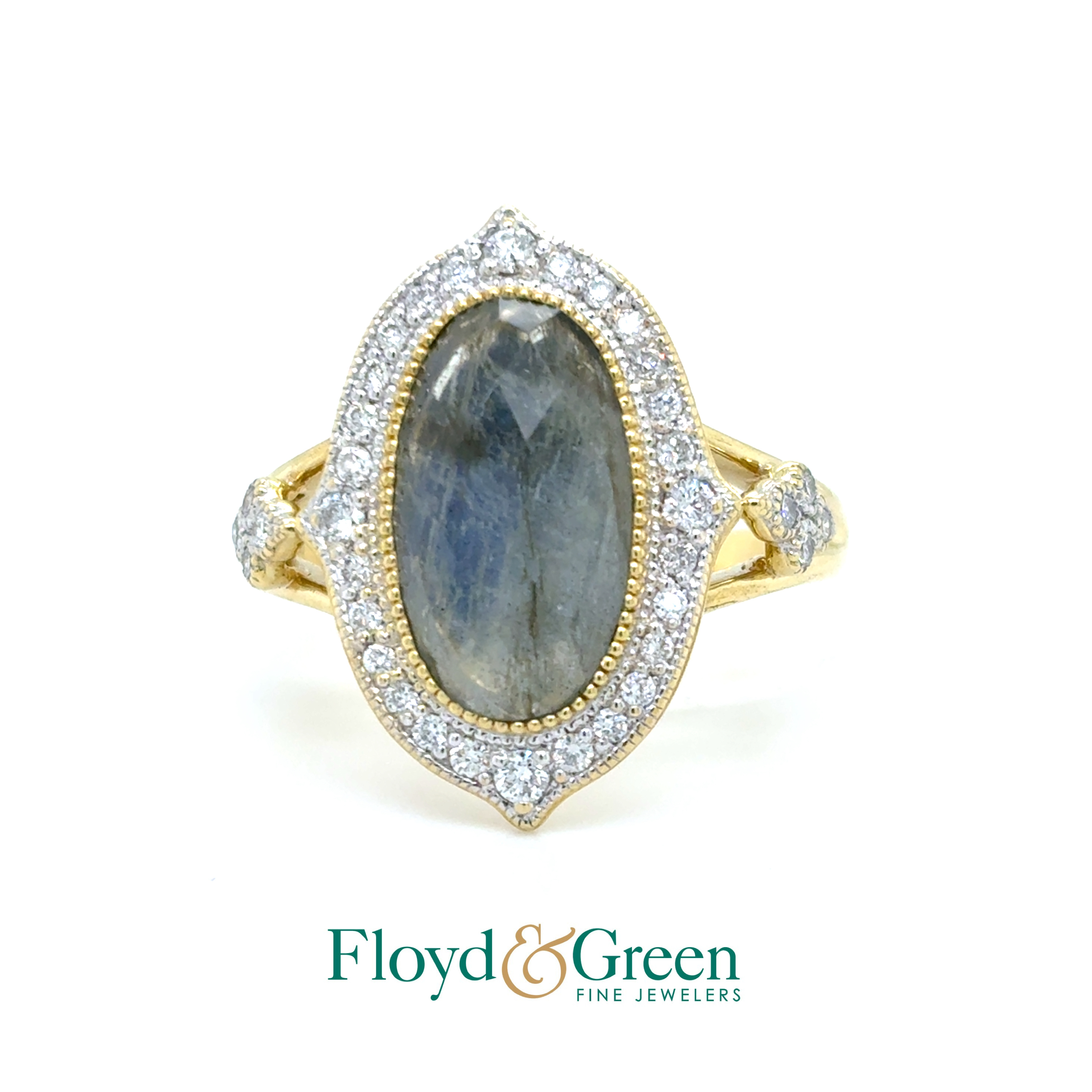 18K Two-Tone Diamond & Green Sapphire Ring, 36 Round Diamonds, 0.31ct, H-I VS2, 1 Oval Sapphire, 2.55ct, Size 7.75