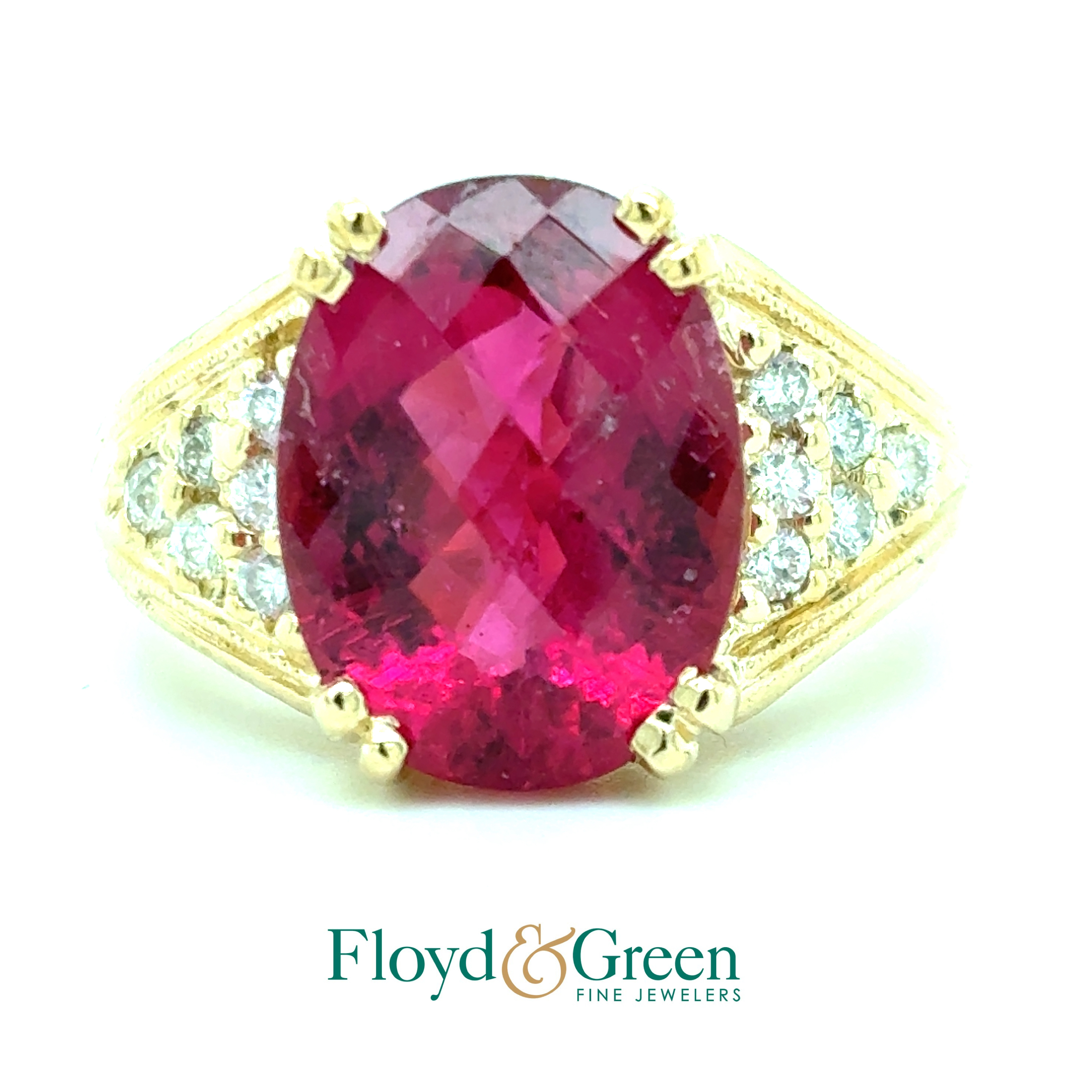 14KY Diamond & Rubelitte Tourmaline Ring, 12 Round Diamonds, 0.24ct, I-J SI1-SI2, 1 Oval Rubellite Tourmanline, 6.07ct, Size 7.75