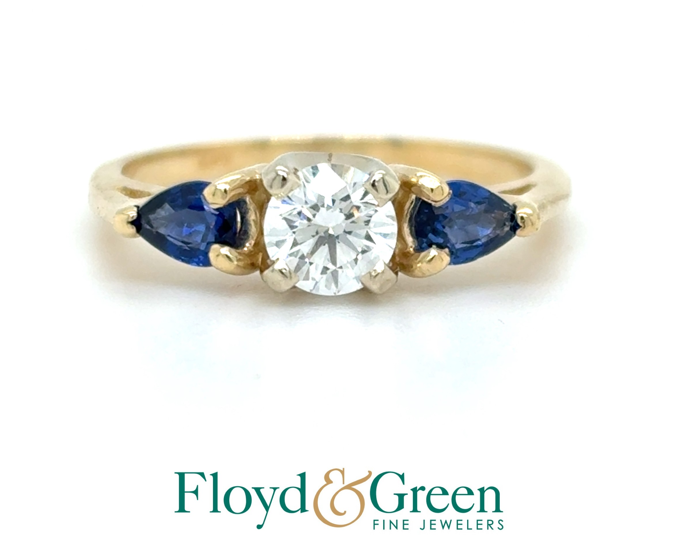 14KY Diamond & Sapphire Ring, 1 Round Diamond, 0.36ct, H VS1, 2 Pear-shaped Sapphires, 0.35ct, Size 4.75