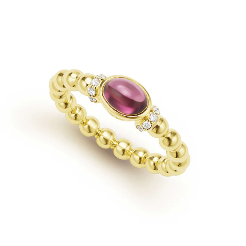 18KY 3mm Caviar Rhodolite Garnet and Dia .14ctw G-H/SI Stacking Ring Size 6.5