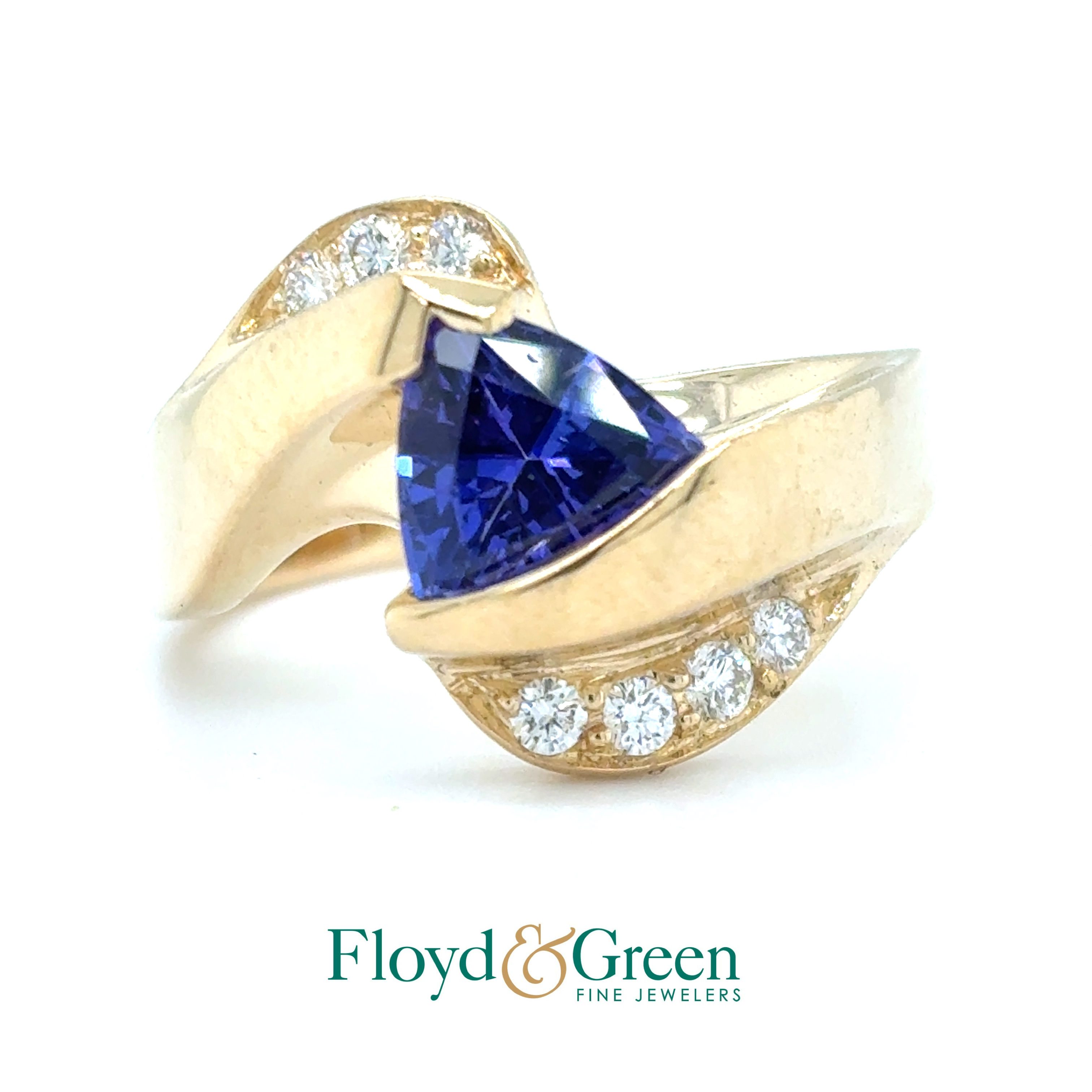 14KY Diamond & Tanzanite Ring, 7 Round Diamonds, 0.20ct, H VS1, 1 Triangular-shaped Tanzanite, 1.74ct, Size 8.5