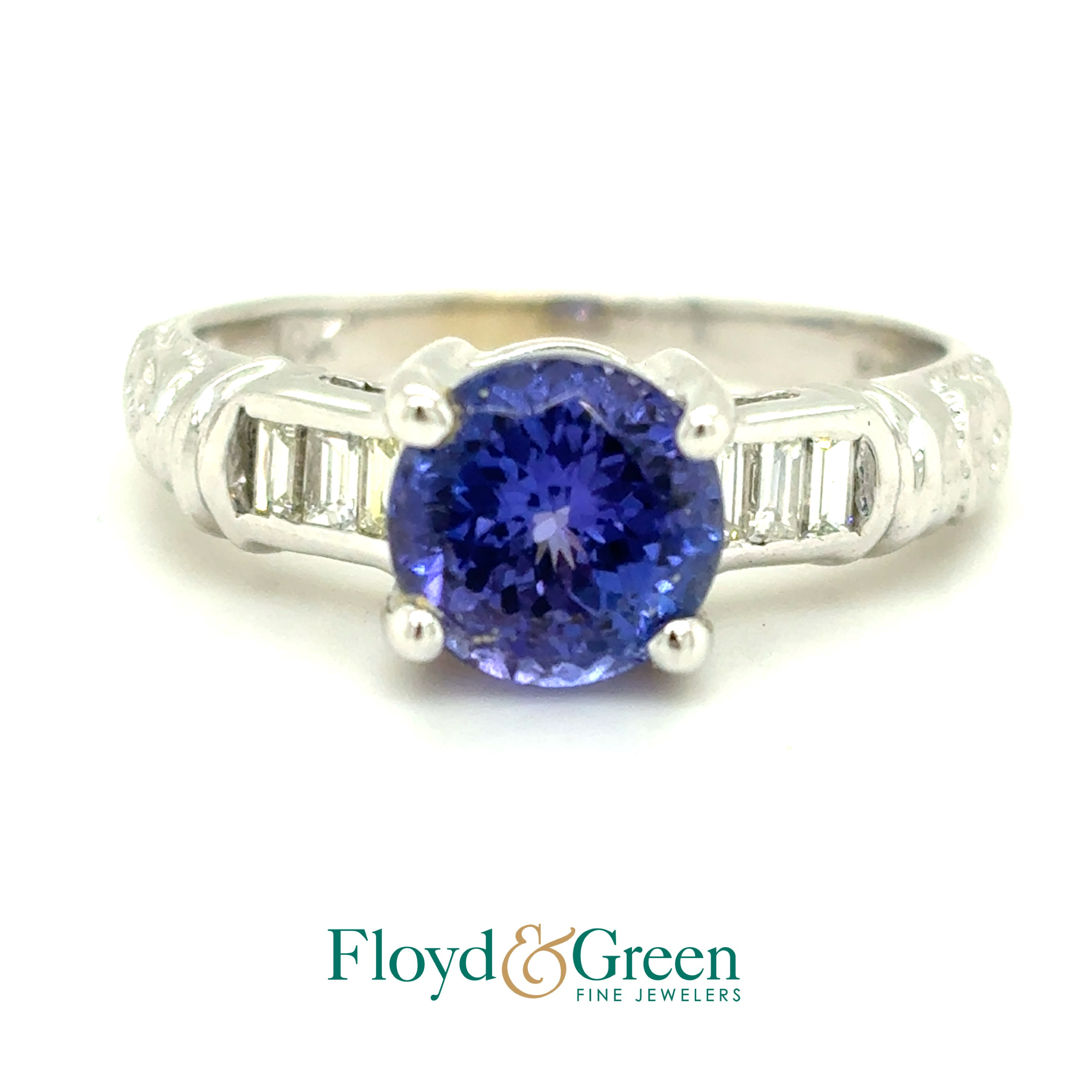 18KW Diamond & Tanzanite Ring, 6 Baguette Diamonds, 0.23ct, G VS1, 1 Round Tanzanite, 2.04ct, Size 8.5