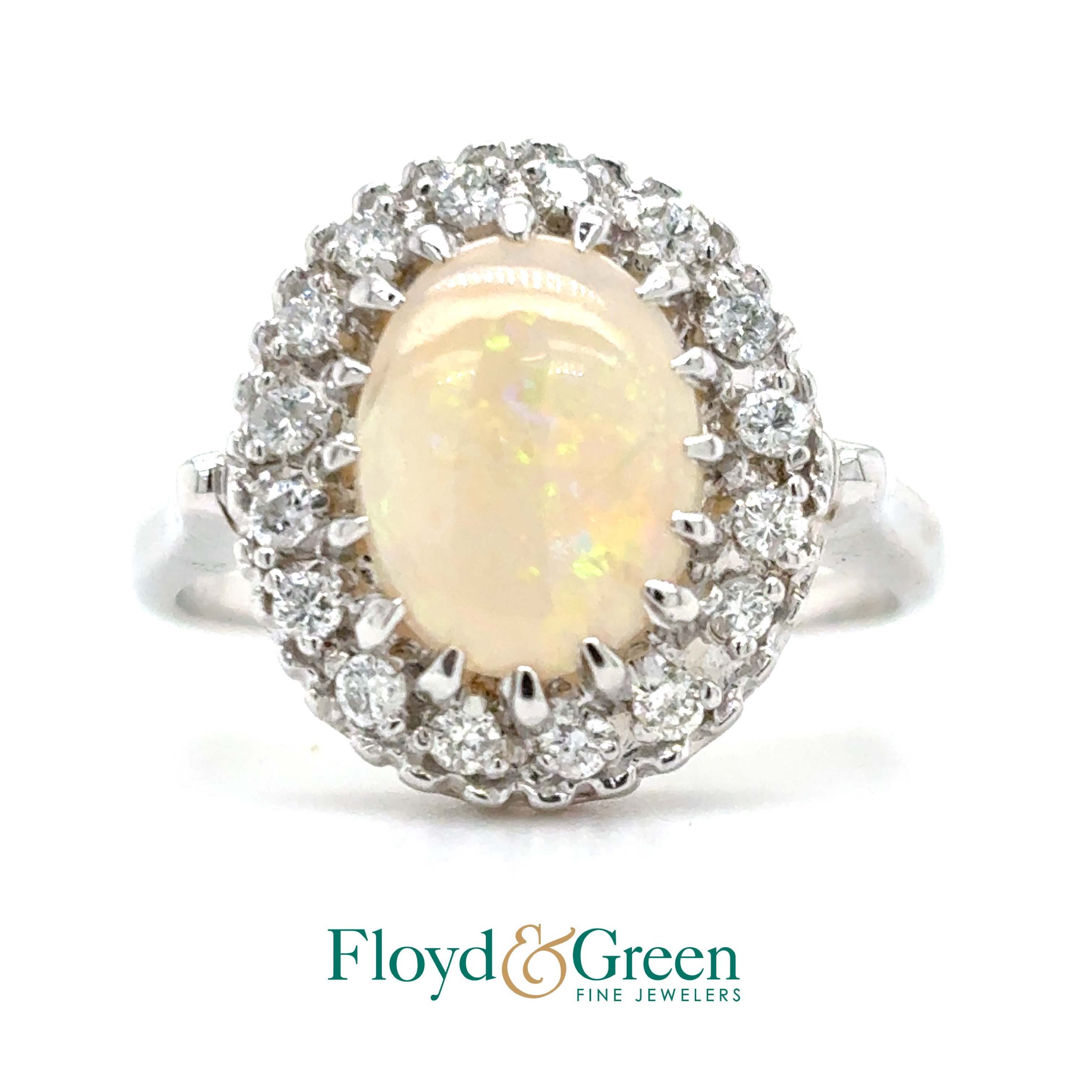 14KW Diamond & Opal Ring, Size 7.5, 16 Round Diamonds, 0.32ct, I I1, 1 Oval Ethiopian Opal, 1.09ct
