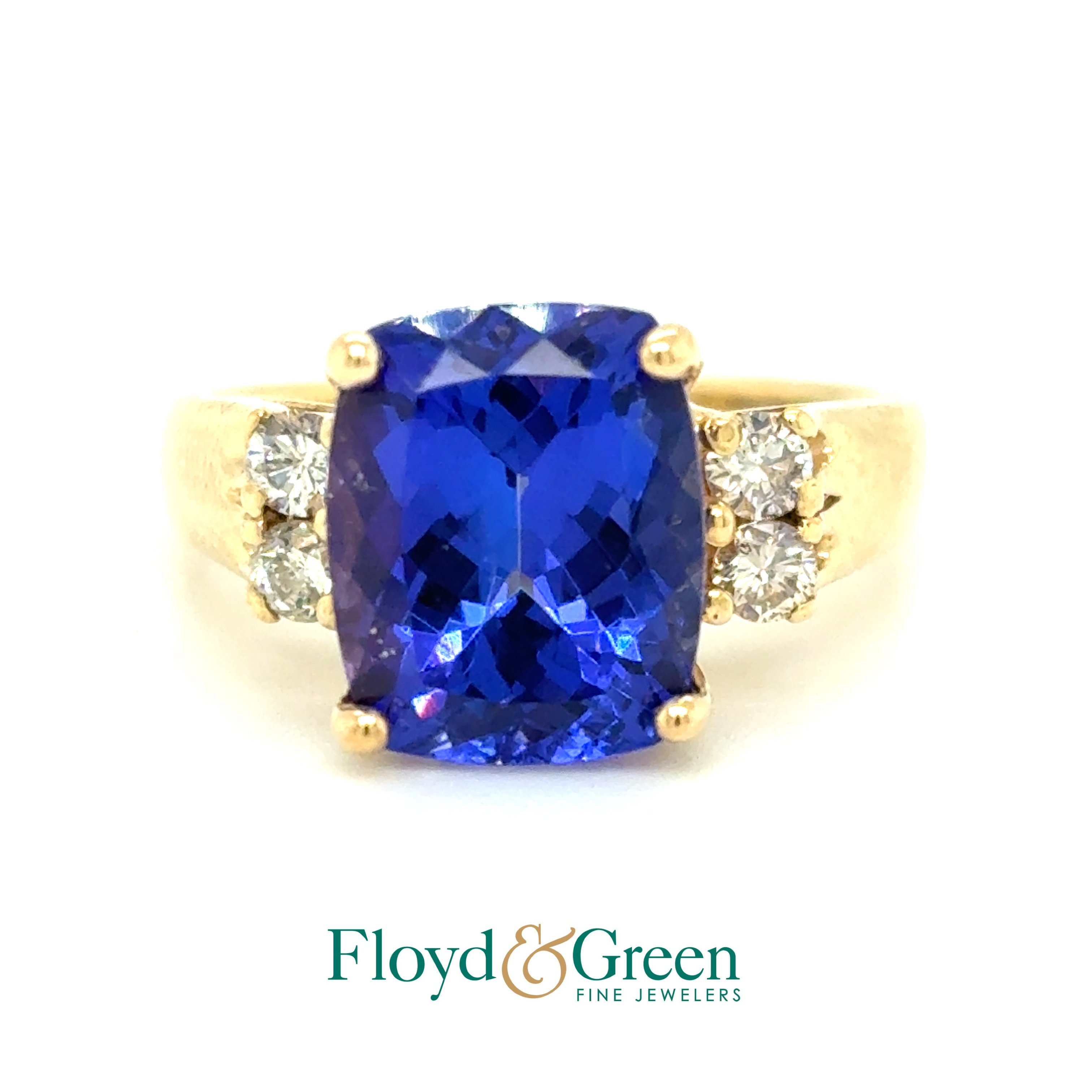 14KY Diamond & Tanzanite Ring, 1 Rect Tanzanite, 3.55ct, 4 Rd Diamonds, 0.16ct, H SI1, Size 5.5