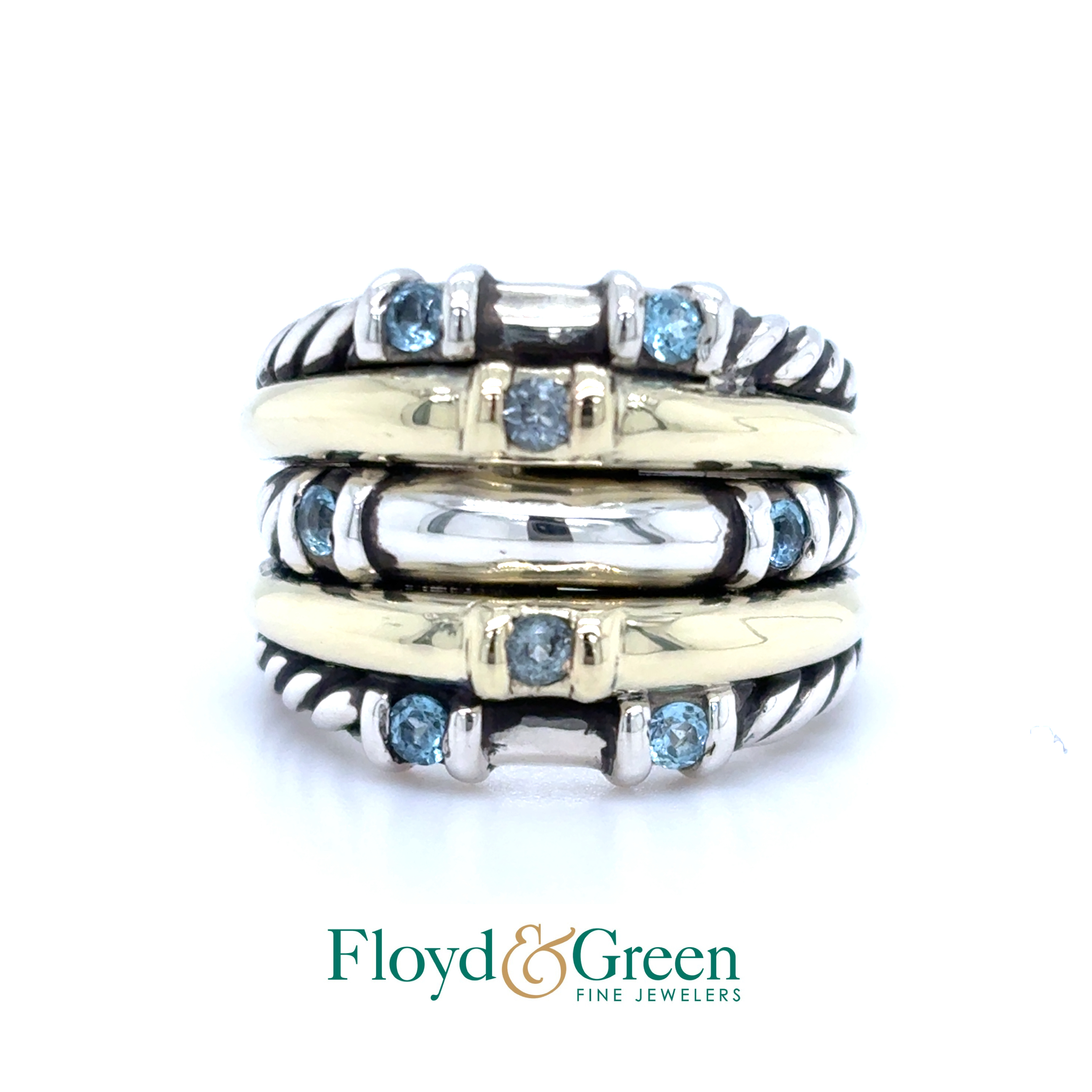 David Yurman Sterling Silver & 14KY Blue Topaz Five Row Metro Cable Ring, Size 6