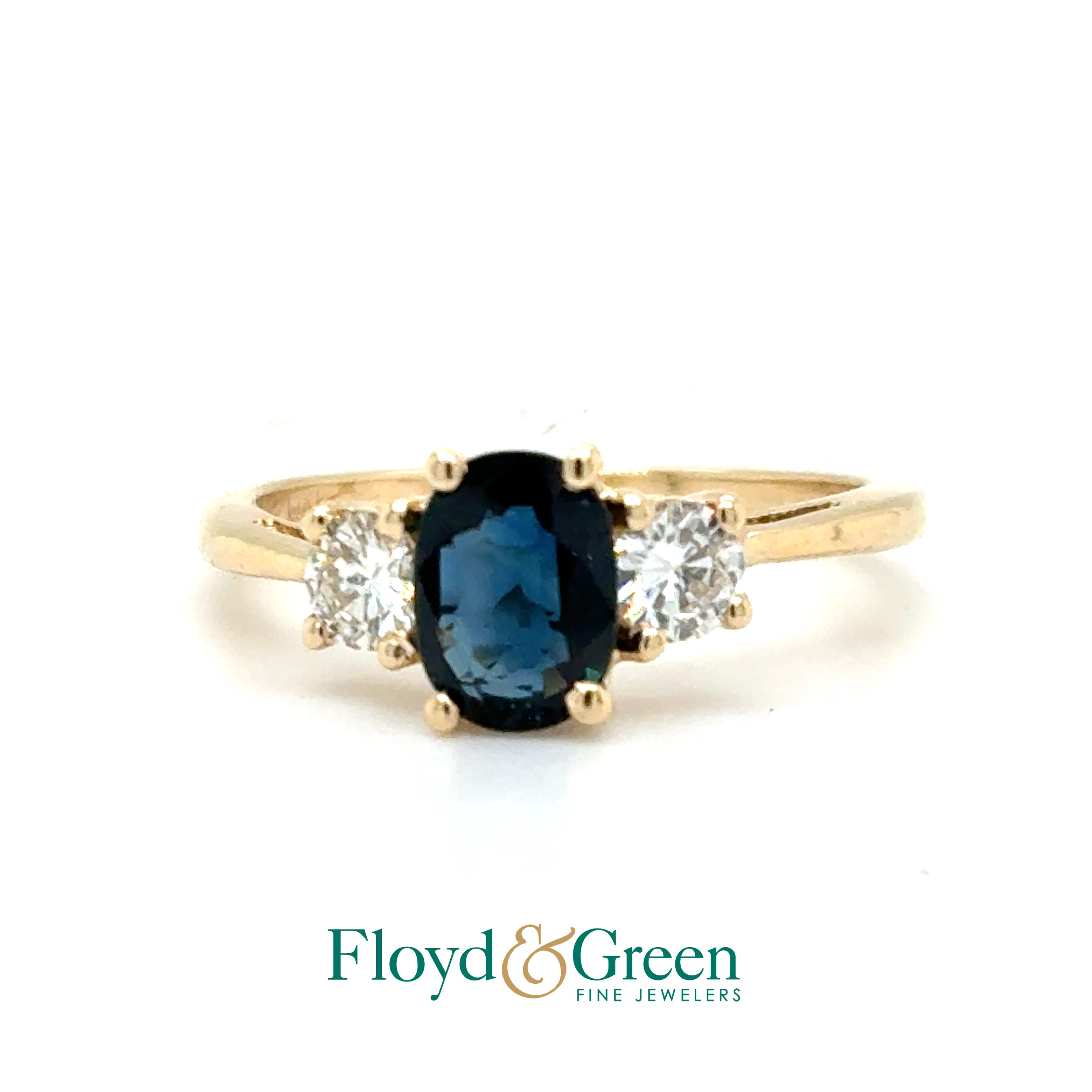 14KY Sapphire & Diamond Ring, Oval Sapphire, 0.74ct, 2 Round Diamonds, 0.33ct, H VS2, Size 5.75