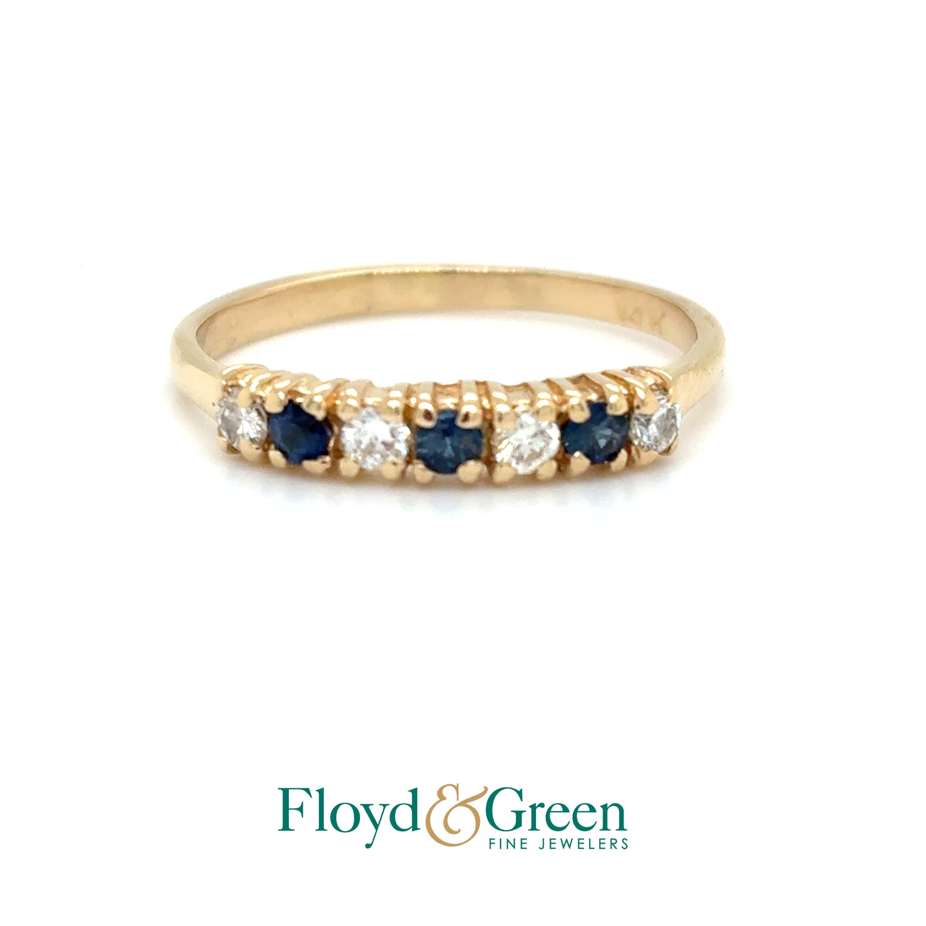 14KY Diamond & Sapphire Ring, 4 Round Diamonds, 3 Round Sapphires, Size 5.5, 1.5g
