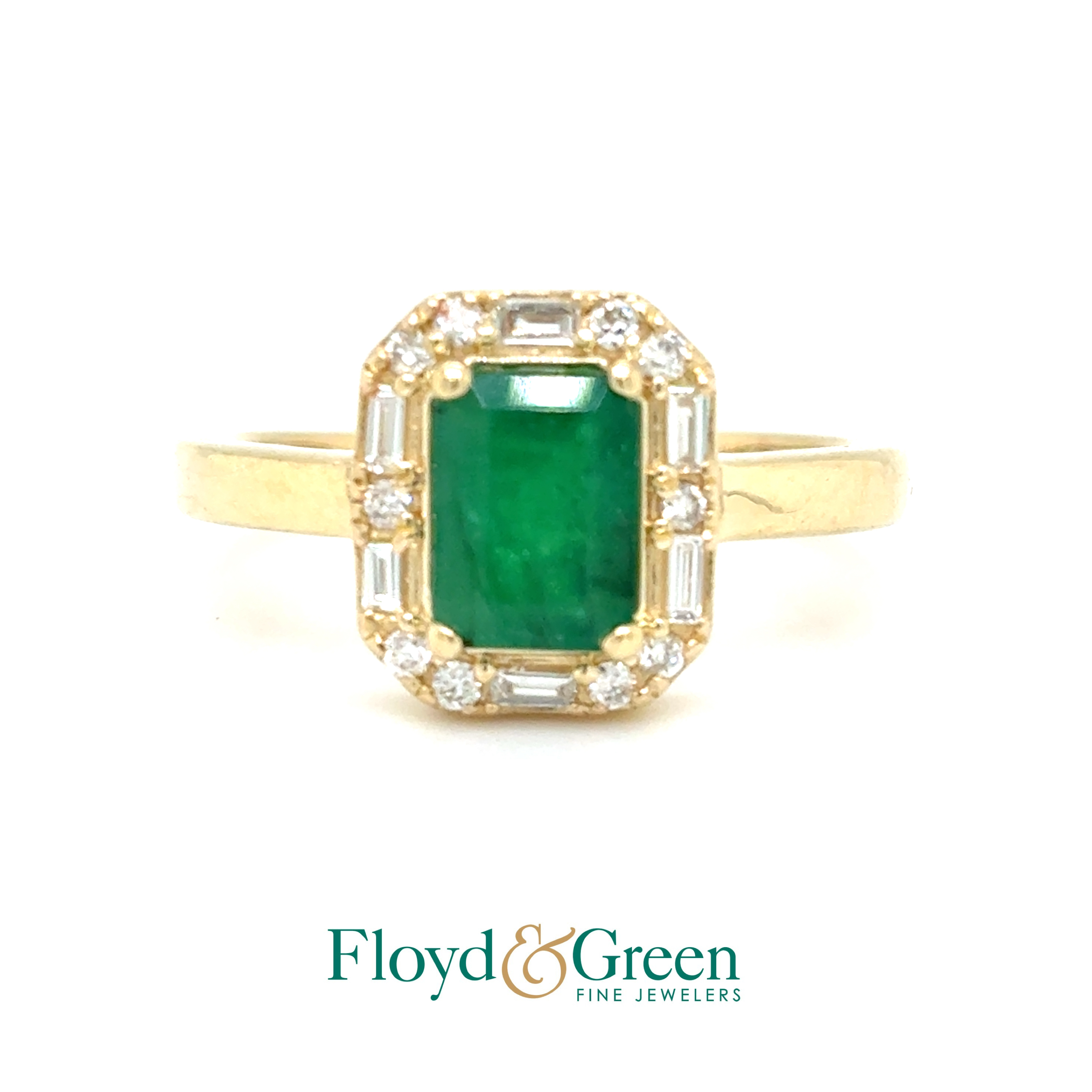 14KY Diamond & Emerald Ring, 10 Rd Diamonds, 0.10ct, 6 Bag Diamonds, 0.07ct, I VS2, 1 Emerald-cut Emerald, 0.97ct, Size 6.75