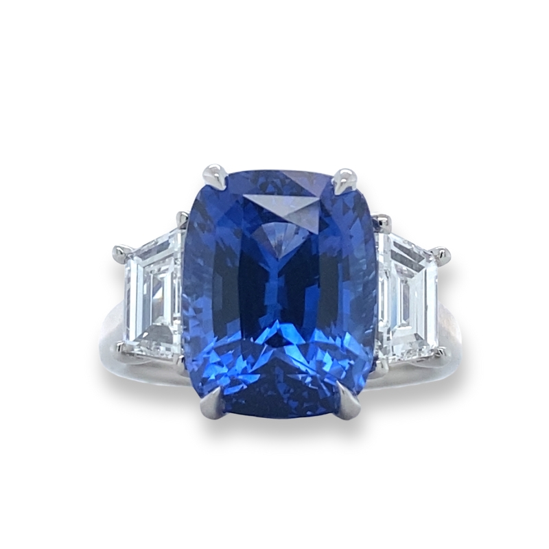 PL Cushion Sapphire 8.18ct and 2 Trap Dia 1.24ctw G VS 3 Stone Ring Size 6.5