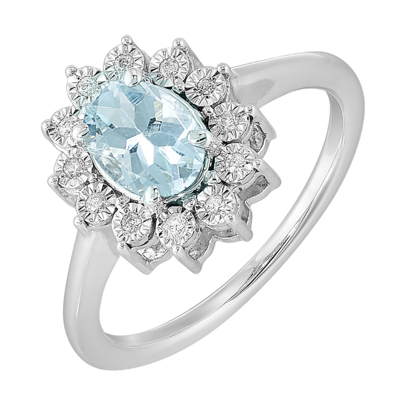 SS March BStone Ring Oval Aquamarine 1ct w/ Dia .05ctw H-I I1 Size 7