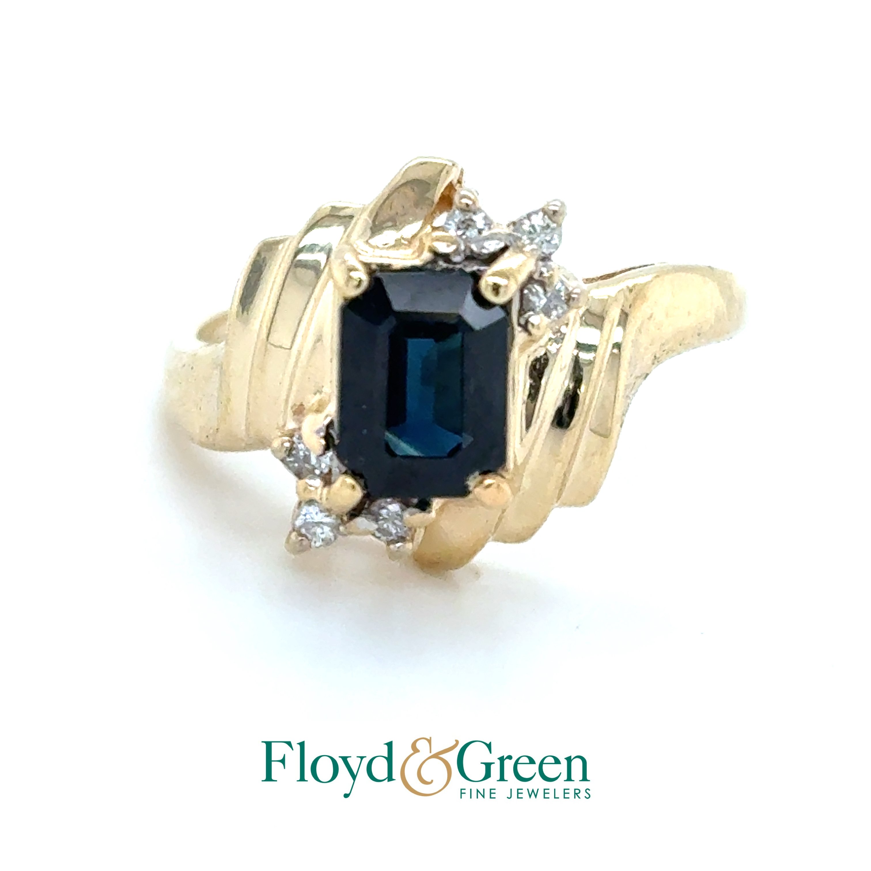 14KY Diamond & Sapphire Ring, 6 Rd Dia, 0.06ct, I SI2, 1 Emerald-cut Sapphire, 1.27ct, Blue, Size 6