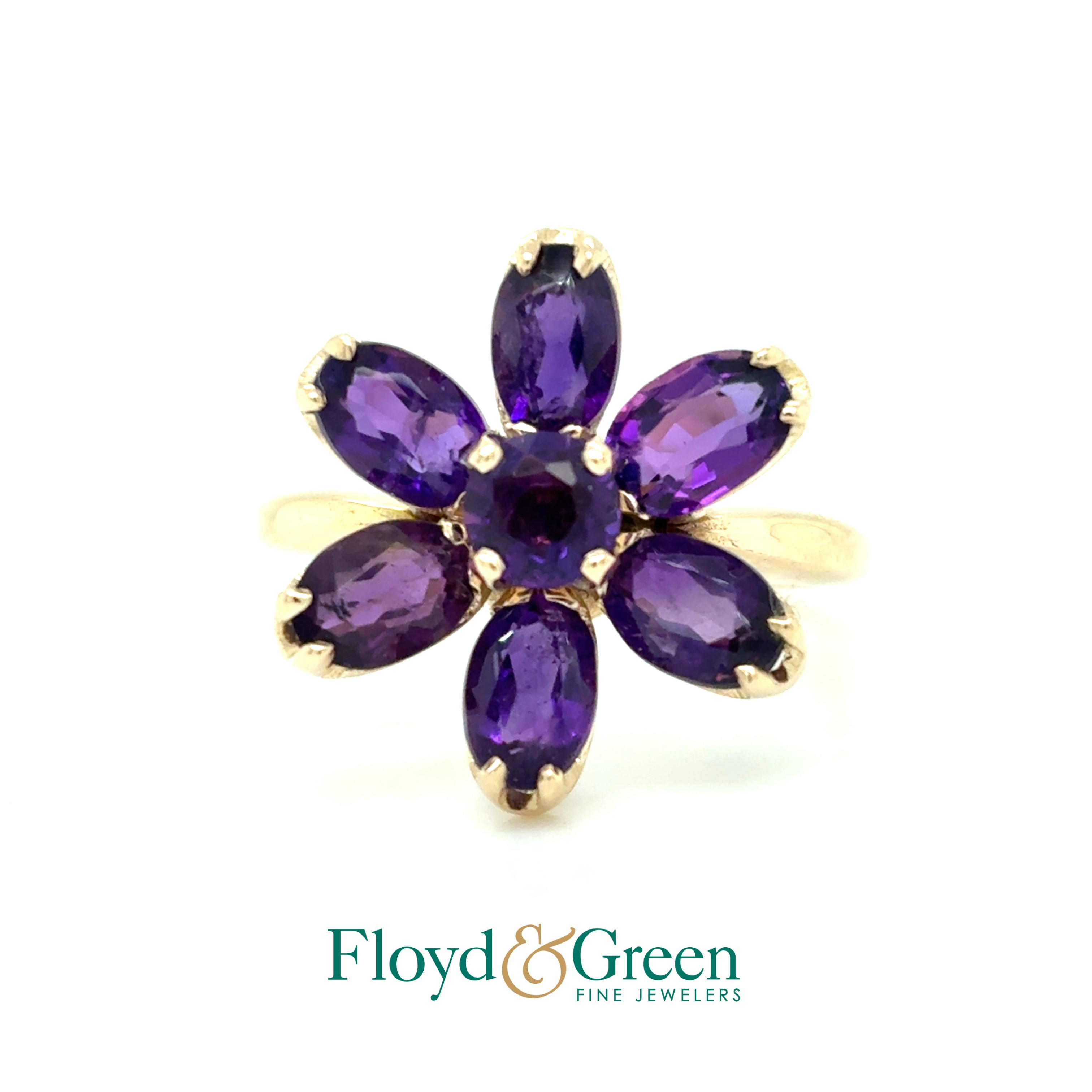 14KY Amethyst Cluster Ring, 1 Round, 0.38ct, 6 Oval, 1.93ct, Size 7