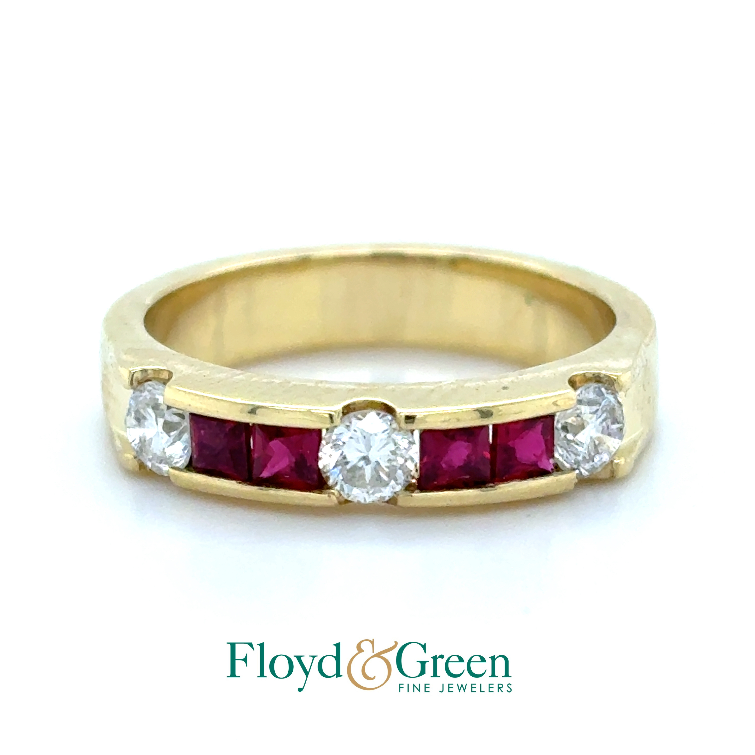 18K Two-Tone Diamond & Ruby Band, Size 5.75,  3 Rd Dia, 0.42ct, G VS2, 4 Princess-cut Rubies, 0.37ct, Med Dark Red