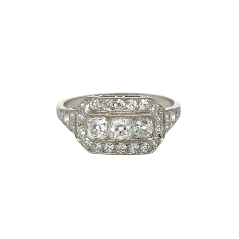 PLAT 3 Stone Dia Center .54ct w/ Halo .76ctw Old Mine Ring Size 7