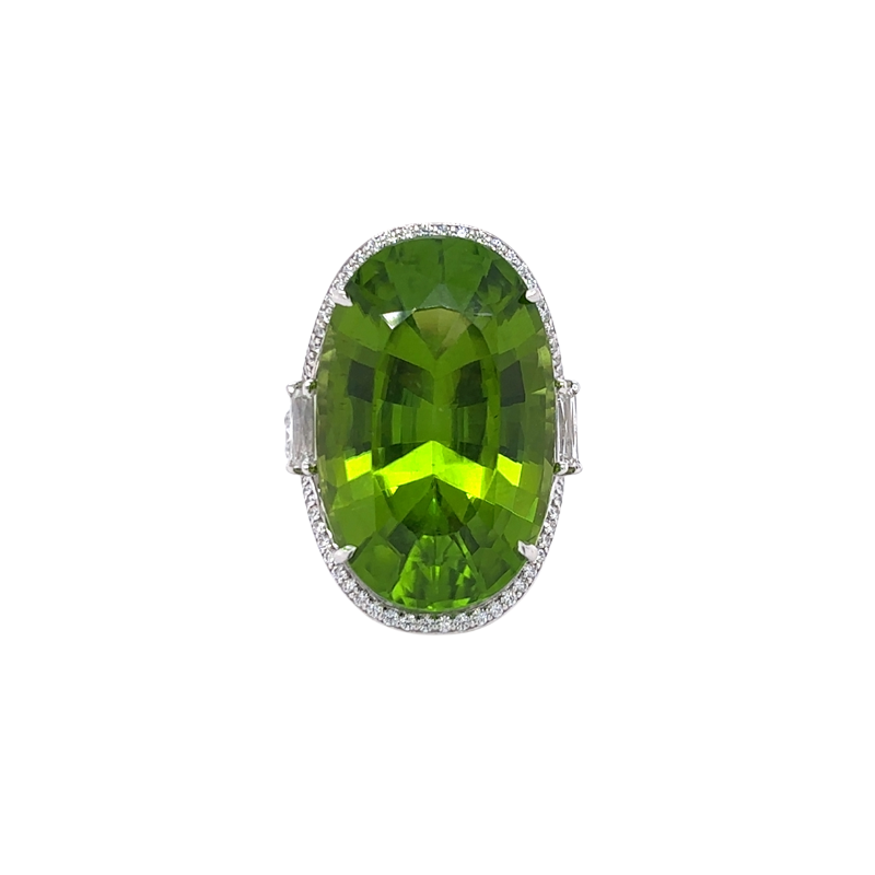18KW Oval Peridot 24.80ct and Dia .89ctw Ring Size 7
