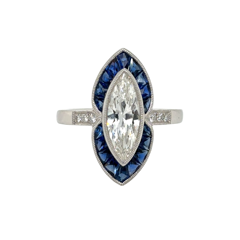 PLAT Marquise Dia 1.20ct G/SI1 w/ French Cut Saph 1.09ctw and Dia .06ctw G-H/VS2-SI1 Ring Size 6.5