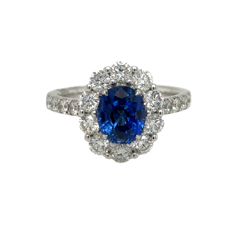 18KW Oval Sapphire 1.96ct w/ Dia Halo 1.37ctw H/SI1 Ring Size 6