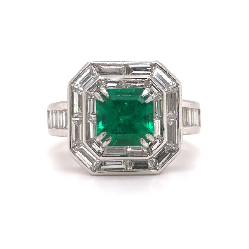 18KW Emerald 1.59ct and Baguette Dia 4.19ctw G-H/VS2-SI1 Ring Size 6.75