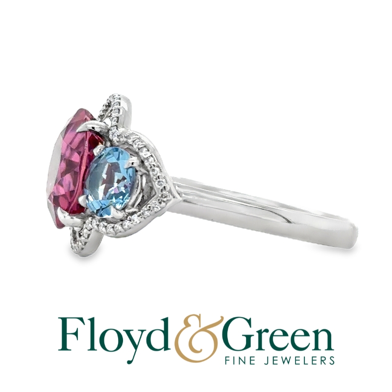 Pink Tourmaline & Aquamarine 3 Stone Halo Ring