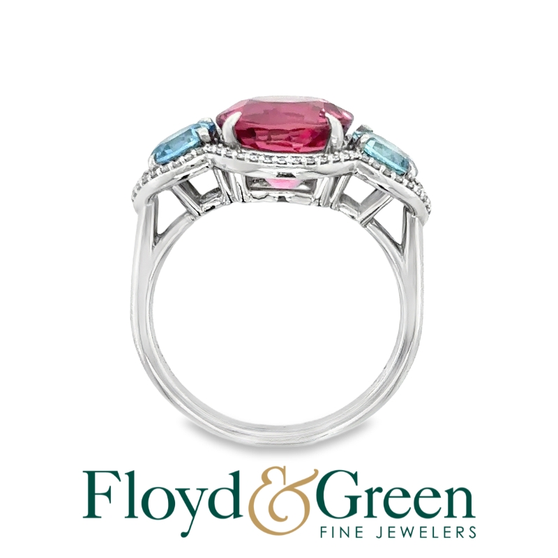 Pink Tourmaline & Aquamarine 3 Stone Halo Ring