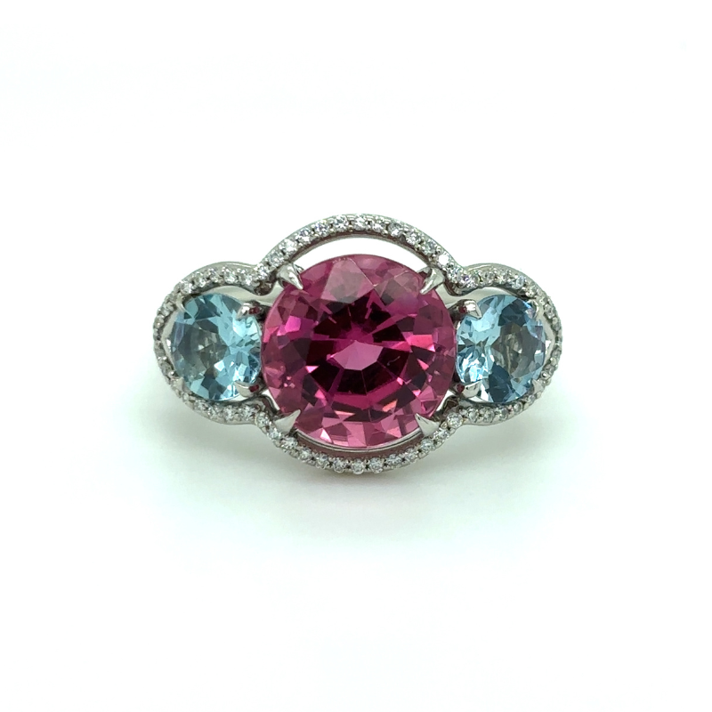 PLAT 3 Stone Pink Tour 3.87ct and Aqua 1.05ctw w/ Dia .30ctw G-H/VS2-SI1 Ring Size 7