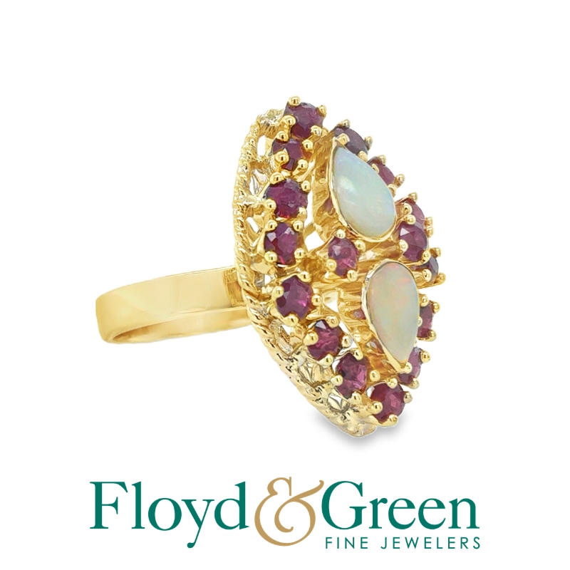 18KY Opal & Ruby Ring, 2 Pear-shaped Opals, 0.97ct, 18 Round Rubies, 2.25ct, Faint Red, Size 5.75