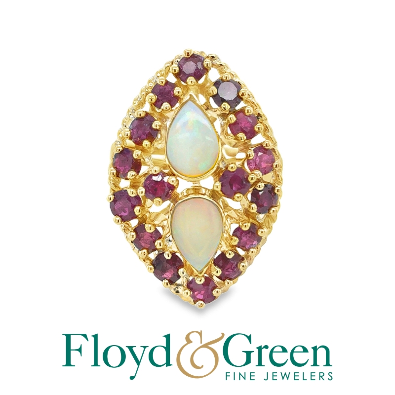 18KY Opal & Ruby Ring, 2 Pear-shaped Opals, 0.97ct, 18 Round Rubies, 2.25ct, Faint Red, Size 5.75