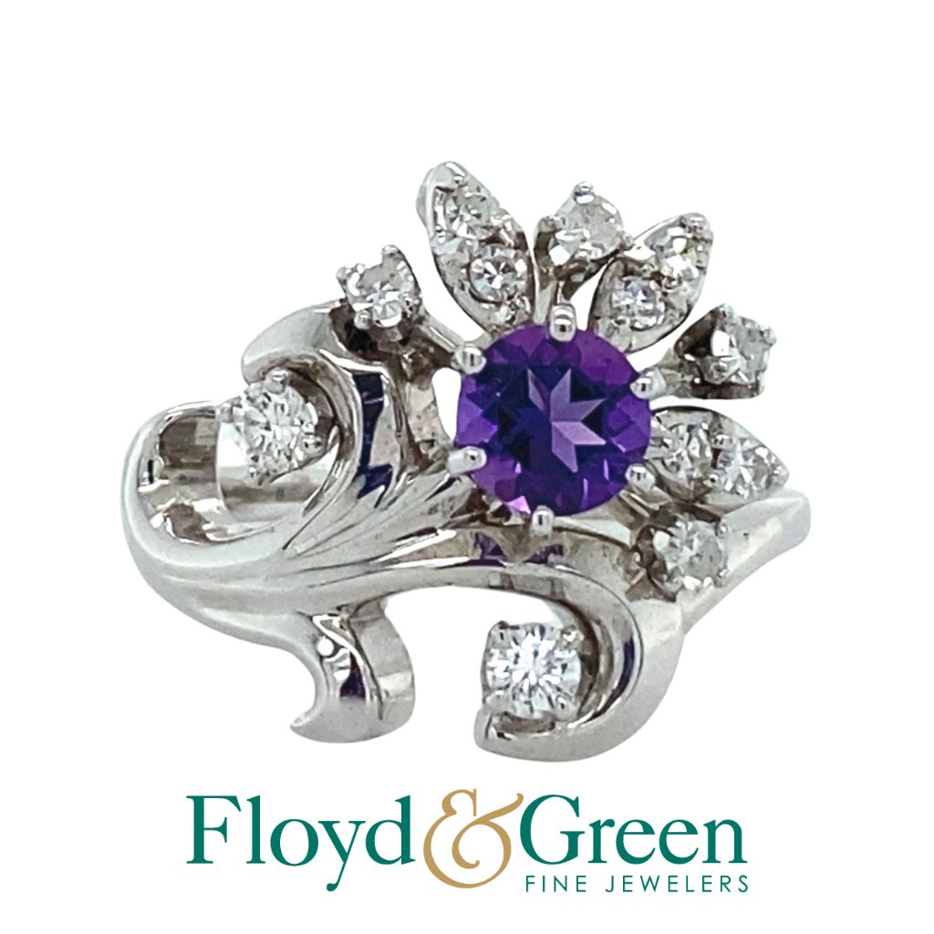 14KW Diamond & Amethyst Ring, 1 Round Am, 0.42ct, 12 Round Dia, 0.31ct, G-H/VS2, Size 6