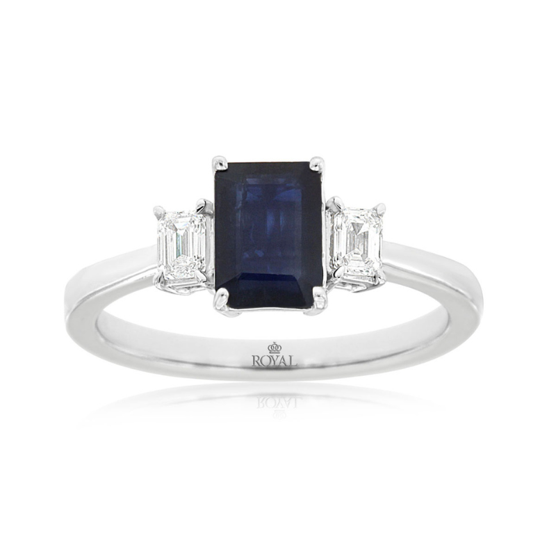 14KW 3 Stone EM Cut Sapphire 1.05CT and EM Cut Dia .28ctw G-H SI1 Ring Size 7
