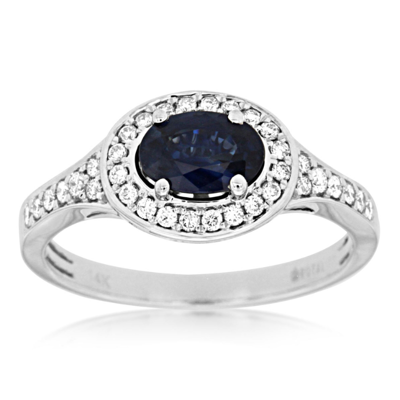 14KW East to West Oval Sapphire 1.00CT w/ Dia Halo .43ctw G-H SI1 Ring Size 7