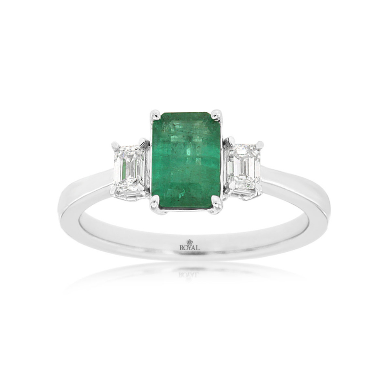 14KW 3 Stone Emerald 1.00CT and EM Cut Dia .28ctw G-H SI1 Ring Size 7