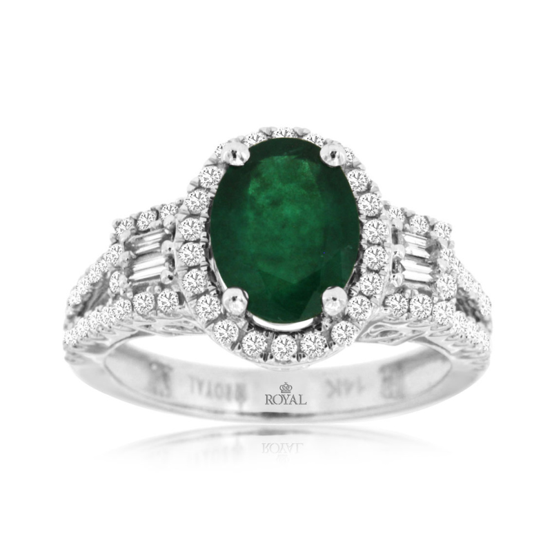 14KW Oval Emerald 1.75CT w/ Dia Halo .58ctw G-H SI1 and Split Shank Ring Size 7