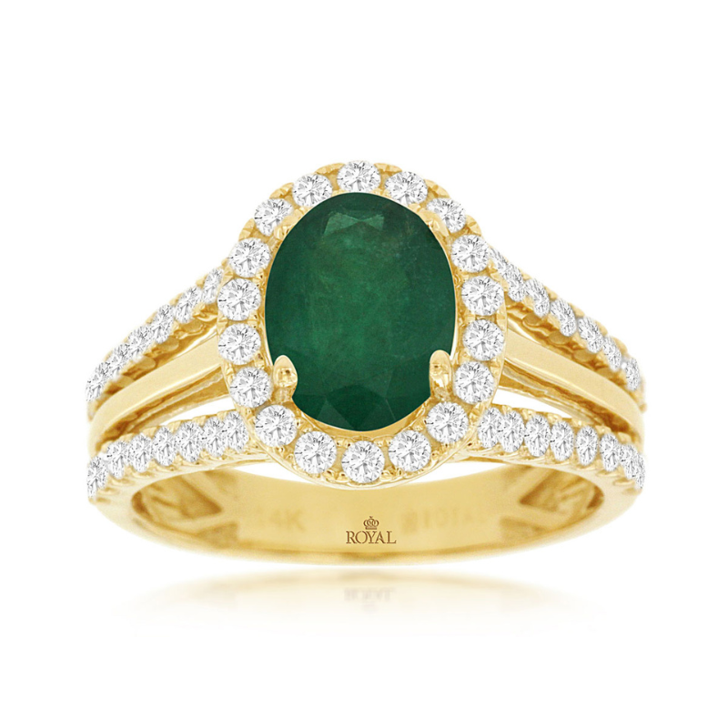 14KY Oval Emerald 1.60CT w/ Dia Halo .82ctw G-H SI1 and Split Shank Ring Size7