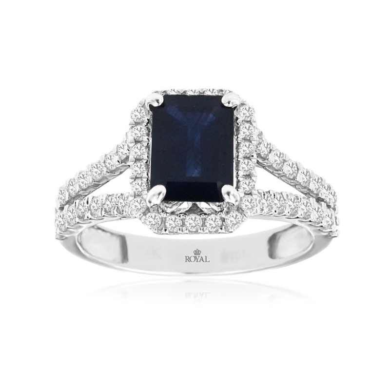 14KW EM Cut Sapphire 1.85CT w/ Dia Halo .71ctw G-H SI1 and Split Shank Ring Size 7