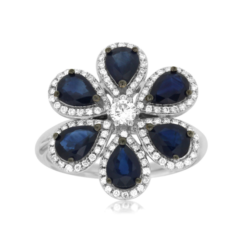 14KW Pear Shaped Sapphire 2.00ctw and Diamond .40ctw G-H SI1 Flower Ring Size 7