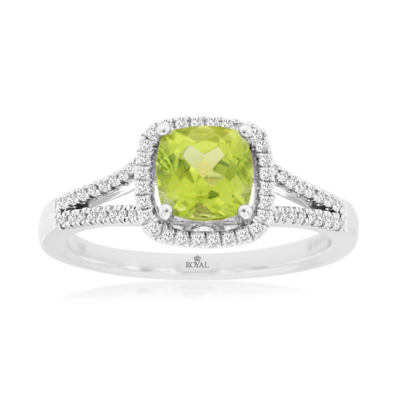 14KW Cushion Peridot 1.10CT w/ Dia Halo .20ctw G-H SI1 and Split Shank Ring Size 7