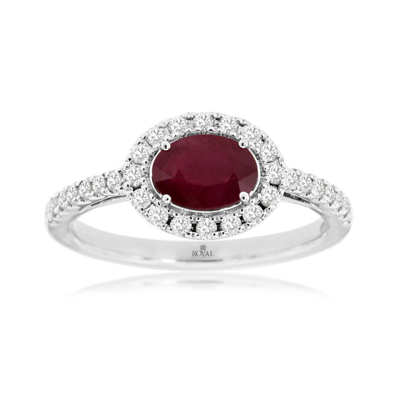 14KW East to West Oval Ruby .90CT w/ Dia Halo .33ctw G-H SI1 Ring Size 7