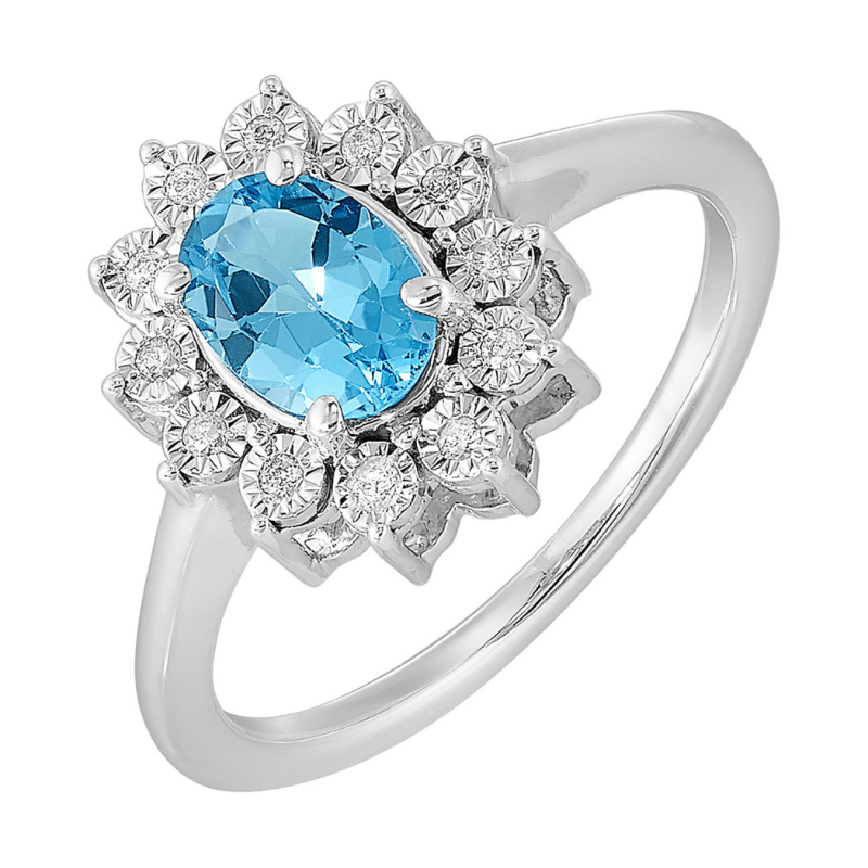 SS December BStone Ring Oval Blue Topaz 1ct w/ Dia .05ctw H-I I1 Size 7