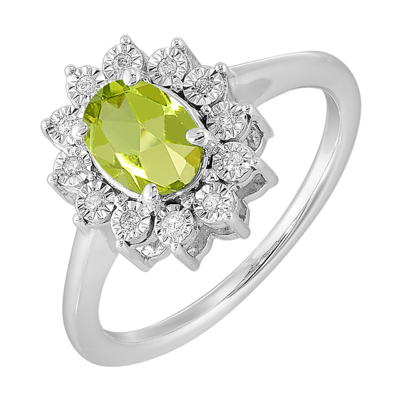 SS August BStone Ring Oval Created Peridot 1ct w/ Dia .05ctw H-I I1 Size7