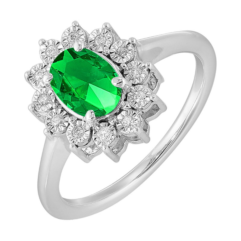 SS May BStone Ring Oval Created Emerald 1ct w/ Dia .05ctw H-I I1 Size 7