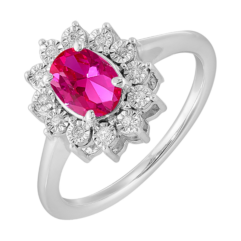 SS July BStone Ring Oval Created Ruby 1ct w/ Dia .05ctw H-I I1 Size 7