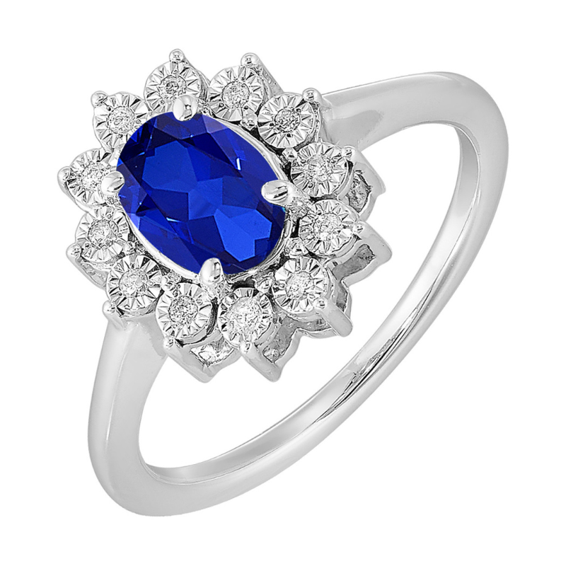 SS September BStone Ring Oval Created Sapphire 1ct w/ Dia .05ctw H-I I1 Size 7