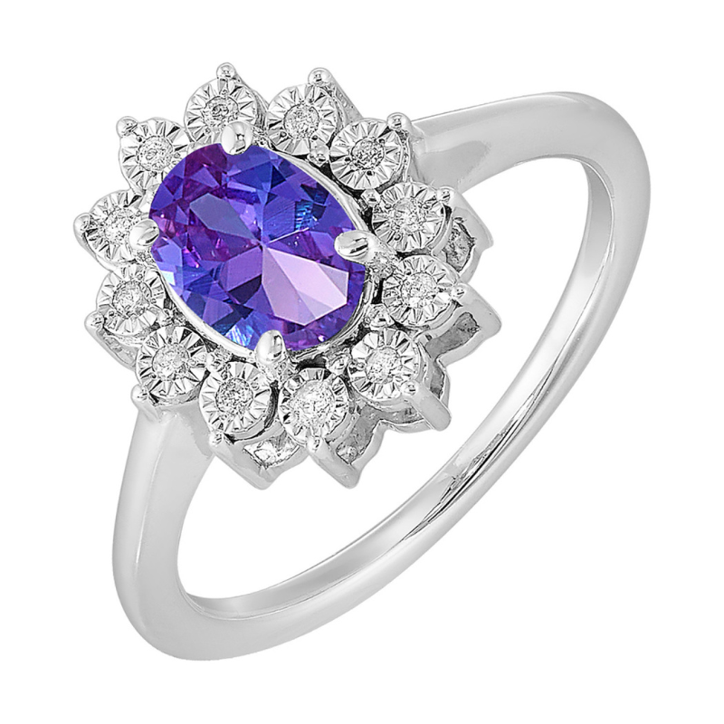 SS June BStone Ring Oval Syn Alexandrite 1ct w/ Dia .05ctw H-I I1 Size 7