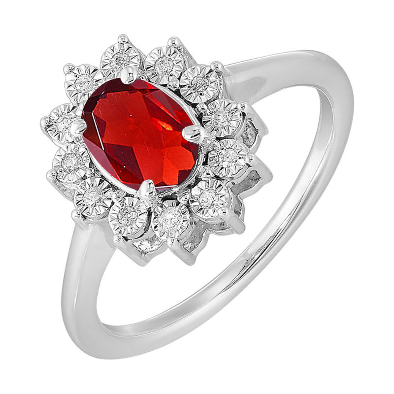 SS January BStone Ring Oval Garnet 1ct w/ Dia .05ctw H-I I1 Size 7