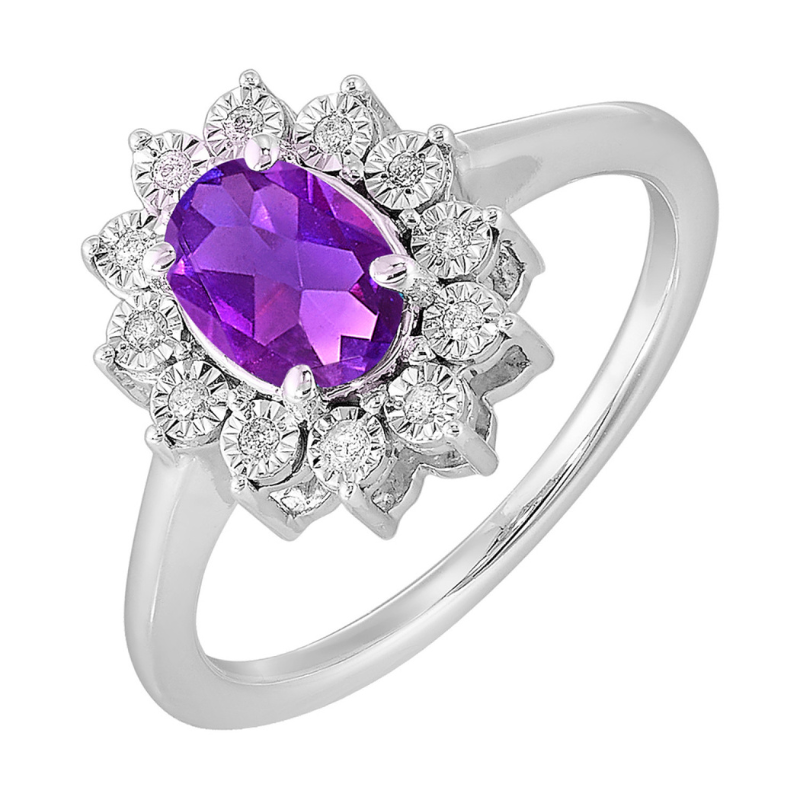 SS February BStone Ring Oval Amethyst 1ct w/ Dia .05ctw H-I I1 Size 7