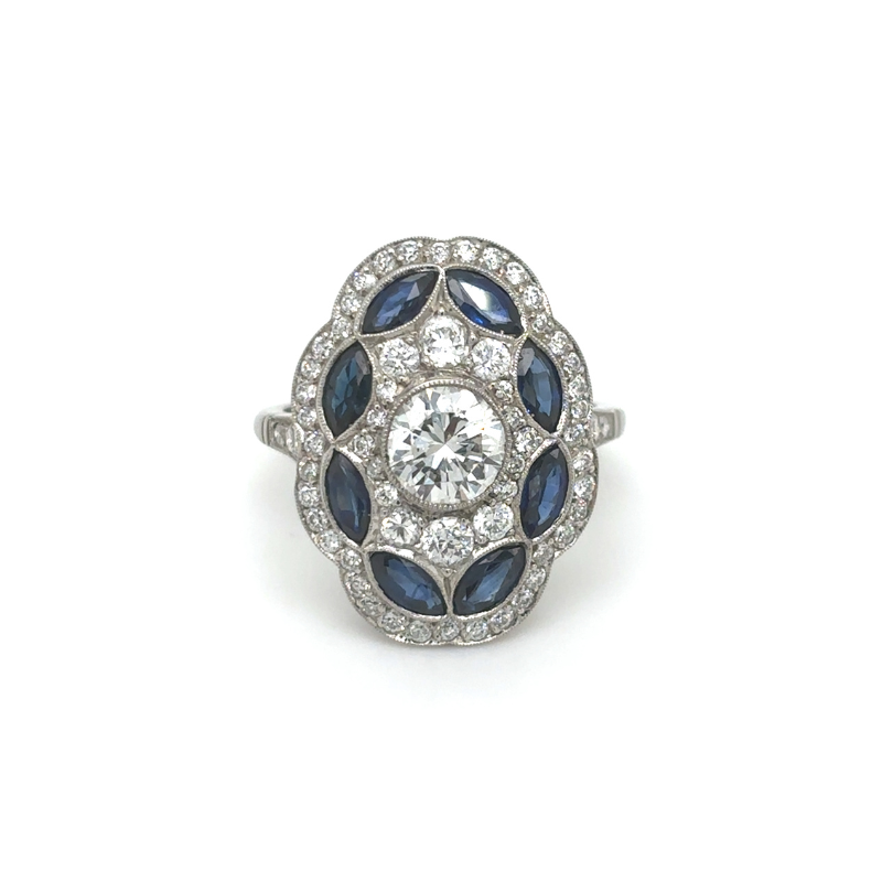 Platinum Diamond and Sapphire Art Deco Ring