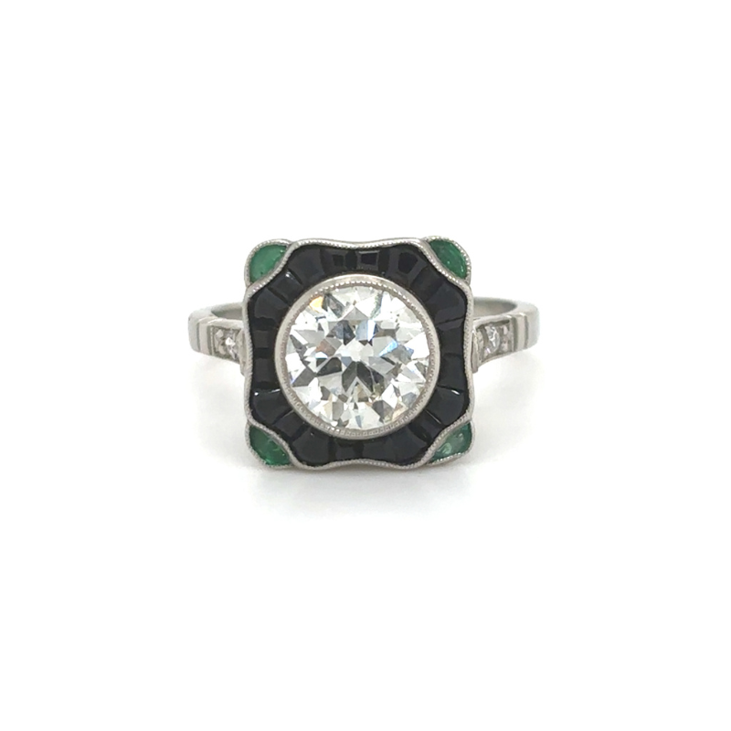Experience a marriage of timeless craftsmanship and bold design in this handmade platinum ring (Size 6.75). At its heart lies a luminous 1.68-carat Old European-cut diamond, radiating vintage charm through its distinctive faceting. Surrounding it is a d